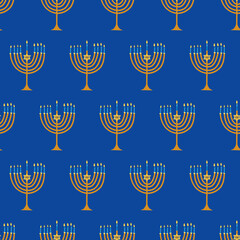Menorah seamless vector background. Hanukkah repeating pattern blue gold yellow Jewish holiday. Hanukkah illustration for gift wrap, wrapping, greeting card. Happy Hanukkah. Vector illustrations