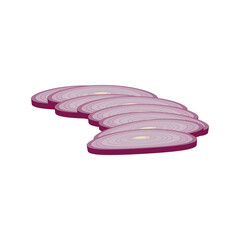 Slices of chopped red onion on a white background.
