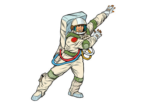 A happy astronaut flies in weightlessness, isolated on a white background. cosmos