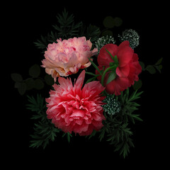 Floral Greeting Card. Bouquet of Garden Peonies. Flowers, Leaves and Decorative Plants.