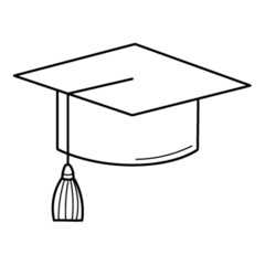 Graduate's hat. Doodle style. The symbol of graduation. Hand-drawn black and white vector illustration. The design elements are isolated on a white background.