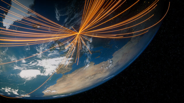 Earth in Space. Orange Lines connect Copenhagen, Denmark with Cities across the World. Worldwide Travel or Communication Concept.