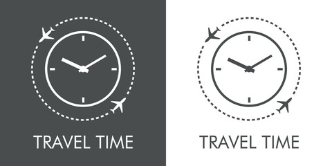 Logotipo con texto Travel Time y silueta de avión con trayectoria de linea de puntos con esfera de reloj en fondo gris y fondo blanco