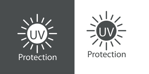 Concepto vacaciones de verano. Crema solar. Logotipo con texto UV Protection en sol con lineas en fondo gris y fondo blanco