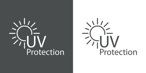 Concepto vacaciones de verano. Crema solar. Logotipo con texto UV Protection en sol con lineas en fondo gris y fondo blanco © teracreonte