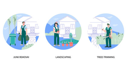 Gardening services banners set including trees trimming, landscaping and junk removal. Professional garden care and maintenance, cartoon flat vector illustration isolated on white.