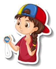 Cartoon character sticker with sport coach girl holding a timer