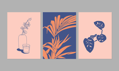 Colorful aesthetic posters or greeting cards. Set of modern illustrations of plants. Can be used for interior decor, wall art, tote bag, t-shirt print.