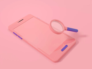  3dcg｜ゆめかわいいピンクのスマートフォンと虫眼鏡｜mayucolor06