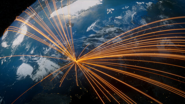 Earth in Space. Orange Lines connect Dusseldorf, Germany with Cities across the World. Worldwide Travel or Communication Concept.
