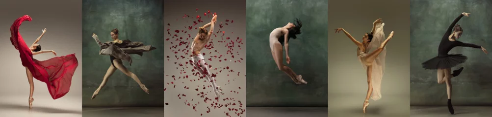 Poster Collage of portraits of male and female ballet dancers dancing isolated on dark vintage background. Concept of art, theater, beauty and creativity © master1305