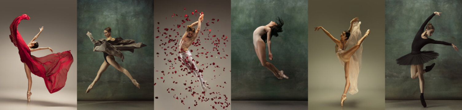 Collage of portraits of male and female ballet dancers dancing isolated on dark vintage background. Concept of art, theater, beauty and creativity
