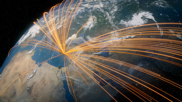 Earth in Space. Orange Lines connect Antalya, Turkey with Cities across the World. Worldwide Travel or Networking Concept.