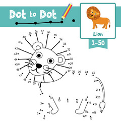 Dot to dot educational game and Coloring book Lion animal cartoon character vector illustration