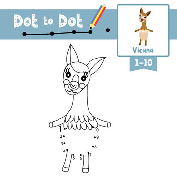 Dot to dot educational game and Coloring book Vicuna standing on two legs animal cartoon character vector illustration