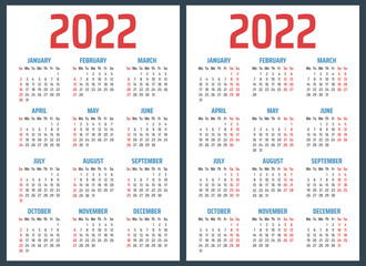 calendar for 2022 starts sunday and monday, vector calendar design 2022 year