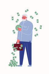 Happy, confident, rich old man in rain of money. Retired businessman with bag of cash. Fan of banknotes in hands. Flat cartoon vector character illustration.