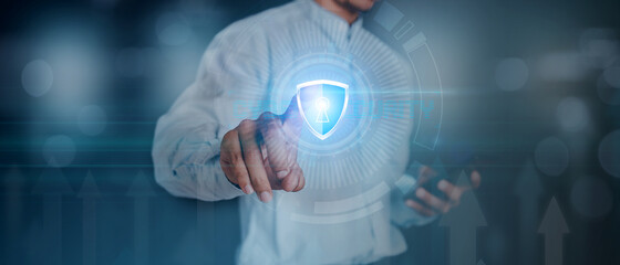 Data or network protection, businessman press shield icon, web button, virus cyber security....