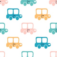 Seamless pattern with cute hand drawn cars. Cartoon car on a white background. Perfect for kids fabric, textile, wrapping paper. City transport vector illustration in flat style.