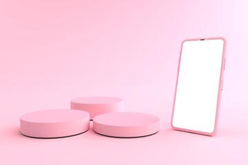 3D rendering of Pink smartphone white screen side round pink pedestal, Mobile phone mockup tilted to the ground. Pedestal can be used for commercial advertising, Isolated on Minimal pink background.