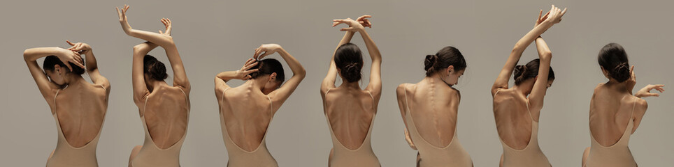 Collage of one female ballet dancer, beautiful flexible woman isolated on gray background. Concept of art, theater, beauty and emotions © master1305