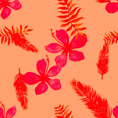 Scarlet Seamless Botanical. Pink Pattern Exotic. Coral Tropical Hibiscus. Red Flower Textile. Ruby Drawing Plant. Spring Botanical. Flora Design. Floral Design.
