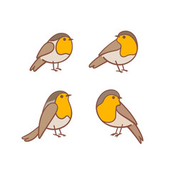 Cartoon bird icon set. Different poses of robin bird. Vector illustration for prints, clothing, packaging, stickers.
