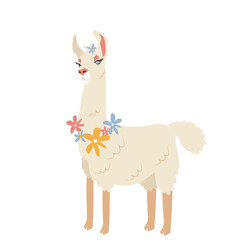 Beige lady Llama stands beautifully with flower beads. Vector cartoon illustration isolated on a white background for postcards, prints, T-shirts, invitations