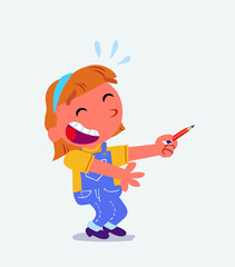 cartoon character of little girl on jeans laughs while pointing to the side with a pencil.