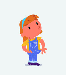 cartoon character of little girl on jeans looks with doubt and somewhat surprised.