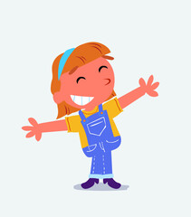 cartoon character of little girl on jeans opening arms very happy.