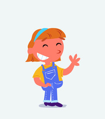 cartoon character of little girl on jeans waving informally while laughing.