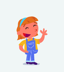 cartoon character of little girl on jeans waving informally while smiling.