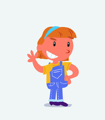 cartoon character of little girl on jeans waving while smiling.