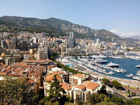 Panoramic view of the city in Monaco country on a sunny summer day. Wonderful journey to Azure Coast in French Riviera.