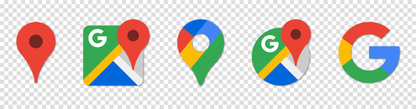 Vinnytsia, Ukraine - August 5, 2021. Google Maps Icons Set. Map Pin Markers. Vector Illustration Isolated on Transparent Background