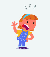 Indigned cartoon character of little girl on jeans vehemently shakes his hand.