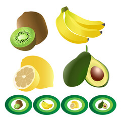 Tropical fruits set:kiwi fruit,banana,lemon,avocado and  fruits labels.