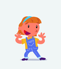 Pleasantly surprised cartoon character of little girl on jeans.
