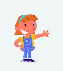 Pleased cartoon character of little girl on jeans points to something.