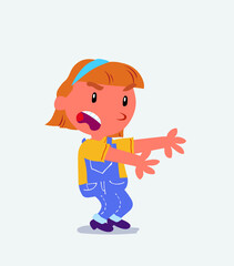 Very angry cartoon character of little girl on jeans pointing at something at side.
