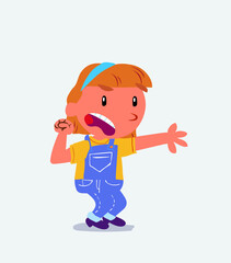 Very angry cartoon character of little girl on jeans pointing at something.