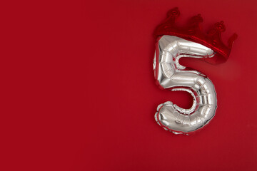 Silver Number Balloons 5 five in crown on dark red background. Holiday Party Decoration, 5 postcard...