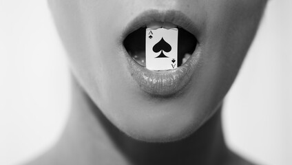 Poker or other games concept. Woman with lips. Poker face.  Sexy lips. Erotica. Sex. 