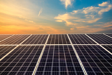 Solar power panels and beautiful natural landscape at sunset in summer in China