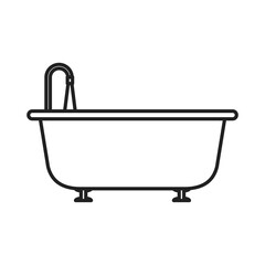 The bath icon. The outline of a cast-iron bathtub on legs with running water from the tap. Vector illustration isolated on a white background for design and web.