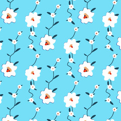 Abstract floral pattern. Blue background . In the style of the 60s , 70s .