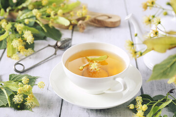 Lime leaf tea. Cup of herbal linden tea with linden flowers and teapot