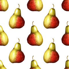 Watercolor illustration of red-green pear. Seamless repeating fruit pattern. Organic fruits healthy food. Farm products. Isolated on white background. Drawn by hand.