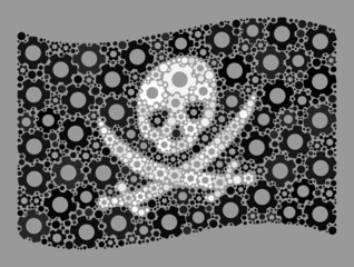 Mosaic waving pirate flag constructed of cog elements. Vector gear wheel collage waving pirate flag designed for control purposes. Pirate flag collage is designed of randomized settings icons.